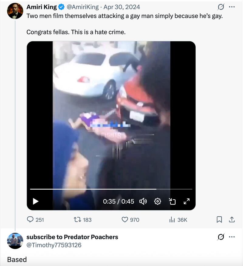 Donahue wrote “based” in response to a video allegedly showing a gay man being attacked.