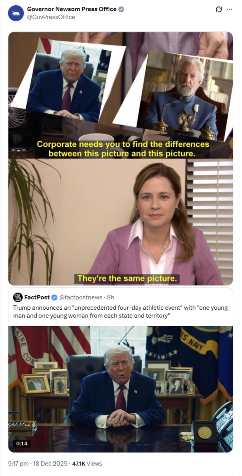 Newsom's press office also trolled Trump's Patriot Games.