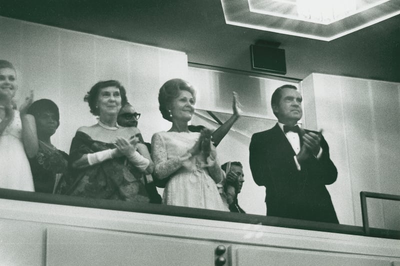WASHINGTON, D.C. - SEPTEMBER 8:  (L-R) Tricia Nixon, Mamie Eisenhower, President Richard Nixon and First Lady Patricia Nixon attend the grand opening of Kennedy Center for Performing Arts on September 8, 1971 in Washington, D.C. (Photo by Ron Galella/Ron Galella Collection via Getty Images)