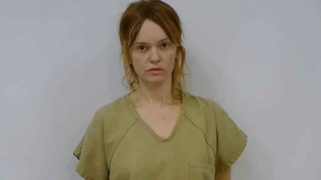 Mugshot of a woman with disheveled red-brown hair, wearing a tan jumpsuit.