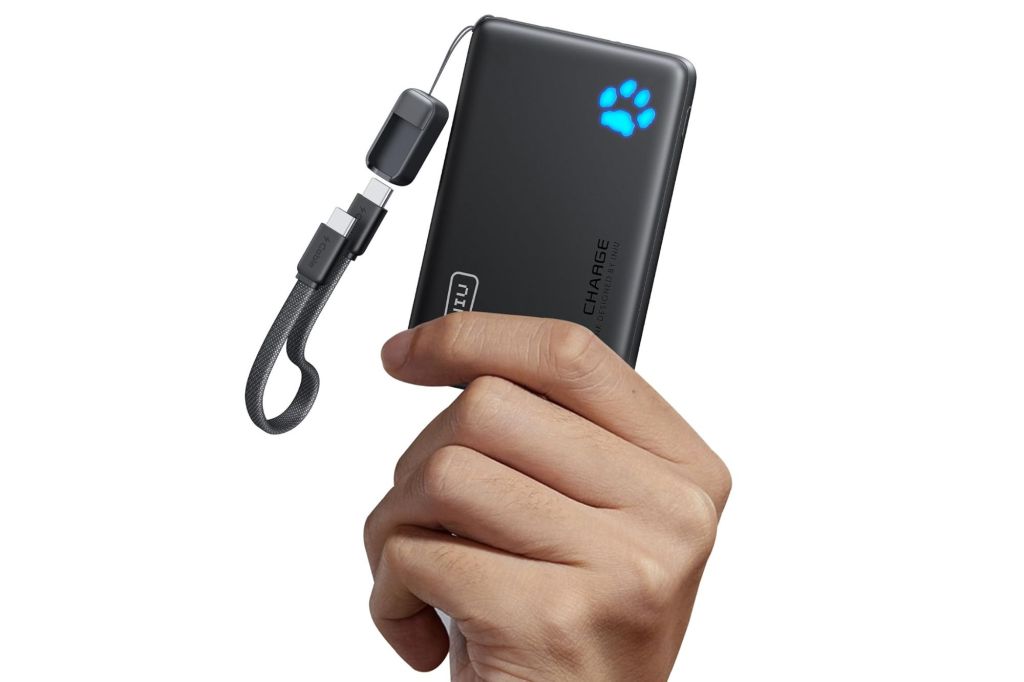 A hand holding a portable charger