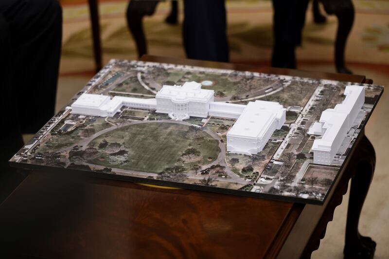 A rendering of President Donald Trump's proposed White House ballroom is displayed in the Oval Office of the White House on October 22, 2025 in Washington, DC.