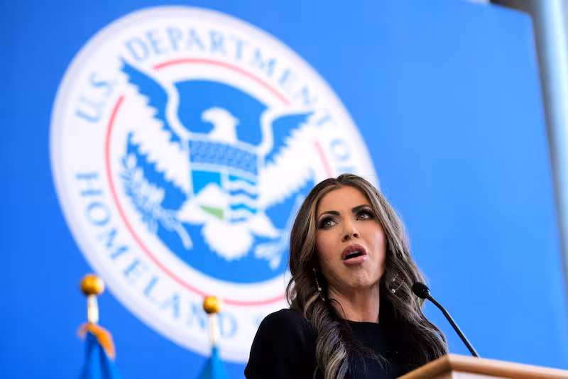 US Secretary of Homeland Security Kristi Noem speaks to staff for the first time at Department of Homeland Security (DHS) headquarters in Washington, DC, on January 28, 2025.