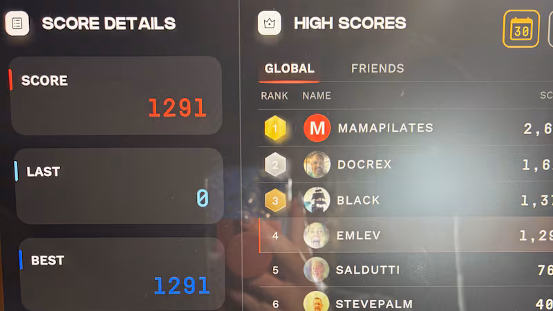 A snap of the screen on an Aviron Victory treadmill showing a leaderboard. The author's score is fourth highest for the month, and while she is not featured in this photo, you can still tell she is overly proud of this.