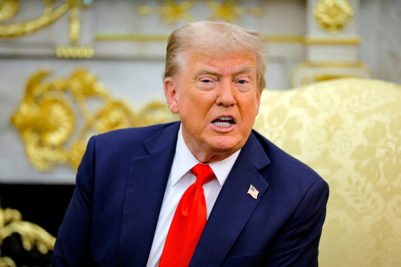 U.S. President Donald Trump reacts as he and the President of Poland Karol Nawrocki (not pictured) meet in the Oval Office at the White House in Washington, D.C., U.S., September 3, 2025.  REUTERS/Brian Snyder