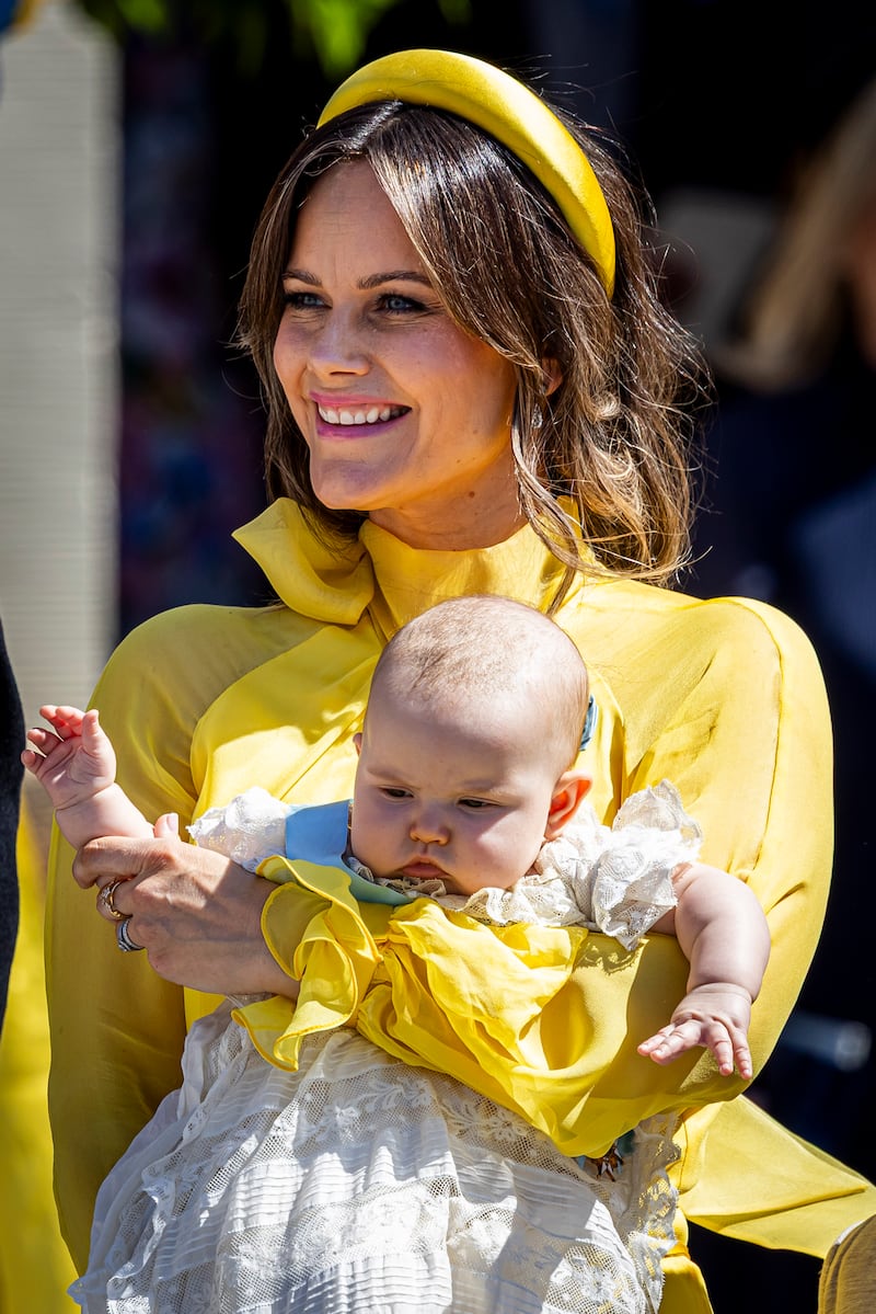 STOCKHOLM, SWEDEN - JUNE 13: Princess Sofia of Sweden and Princess Ines of Sweden leave the chapel after the christening of Princess Ines of Sweden at the Drottningholm Palace Chapel on June 13, 2025 in Stockholm, Sweden.