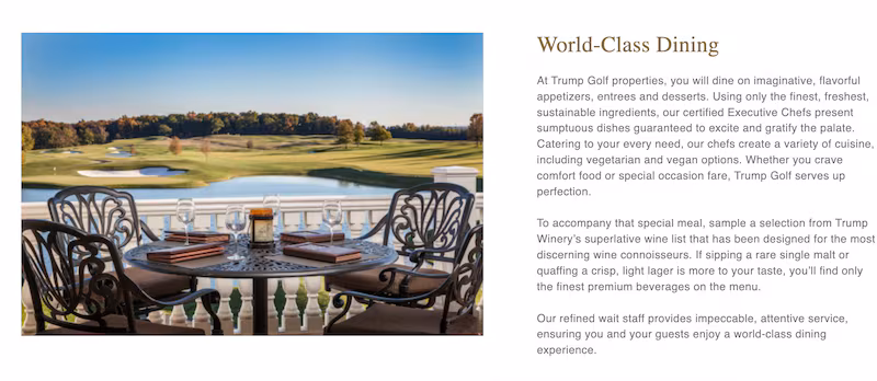 World class dining. A picture of a table in front of a golf club