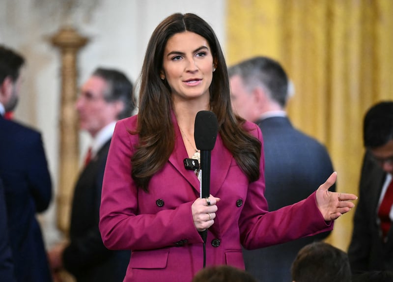 CNN broadcast journalist Kaitlan Collins speaks during a live shot before US President Donald Trump and Japanese Prime Minister Shigeru Ishiba hold a joint press conference in the East Room of the White House in Washington, DC, on February 7, 2025. (Photo by Mandel NGAN / AFP)