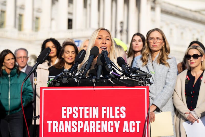 Rep. Marjorie Taylor Greene, R-Ga., speaks during the news conference with survivors of convicted sex offender Jeffrey Epstein outside the U.S. Capitol on Tuesday, November 18, 2025.