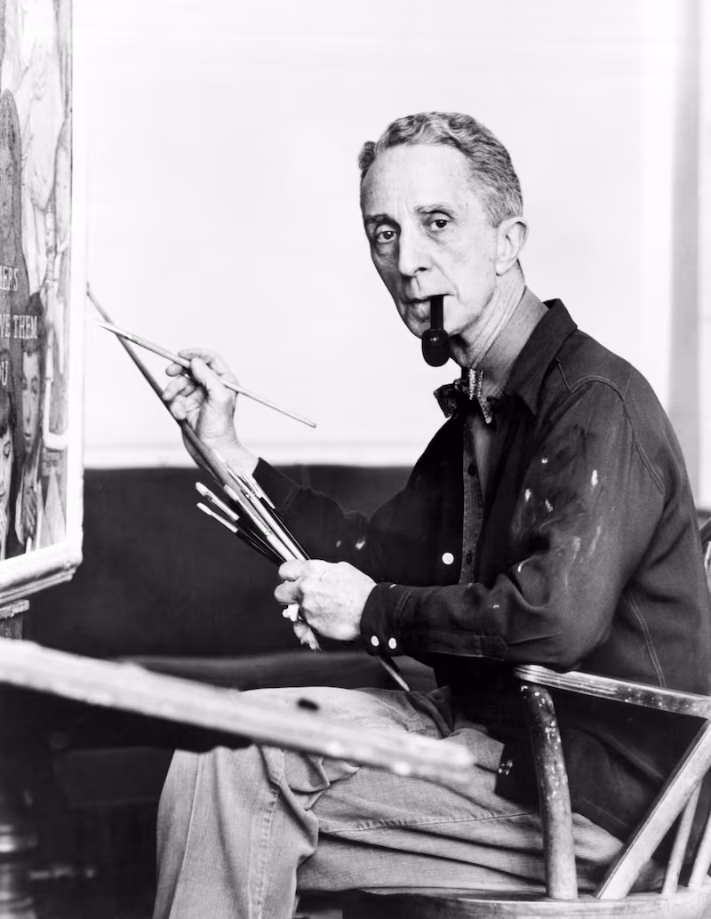 Renowned painter of American life Norman Rockwell working in his studio, Stockbridge, Massachusetts, circa 1959. (Photo by Underwood Archives/Getty Images)