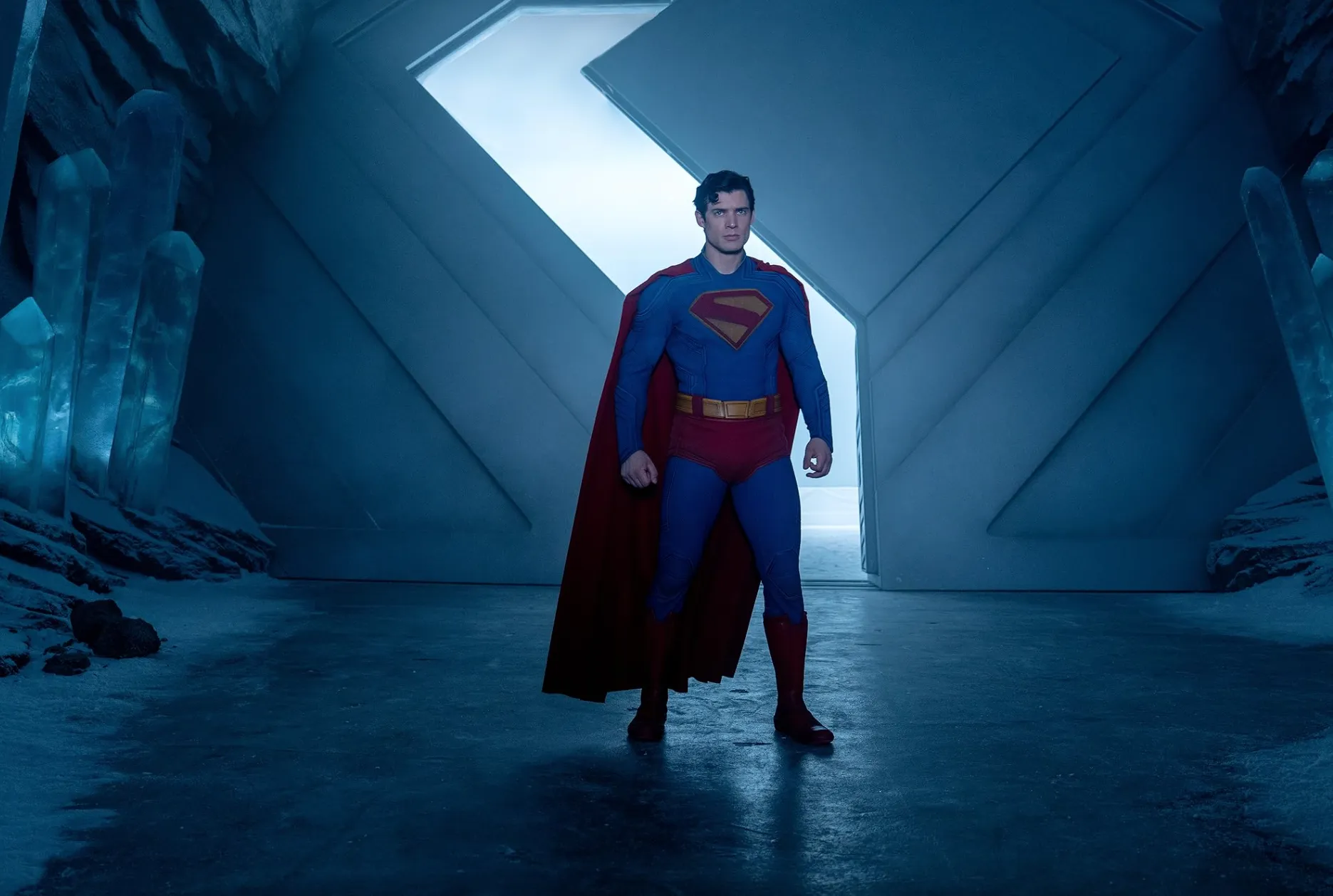 A still from the 2025 film Superman depicting Superman in his remote Fortress of Solitude.