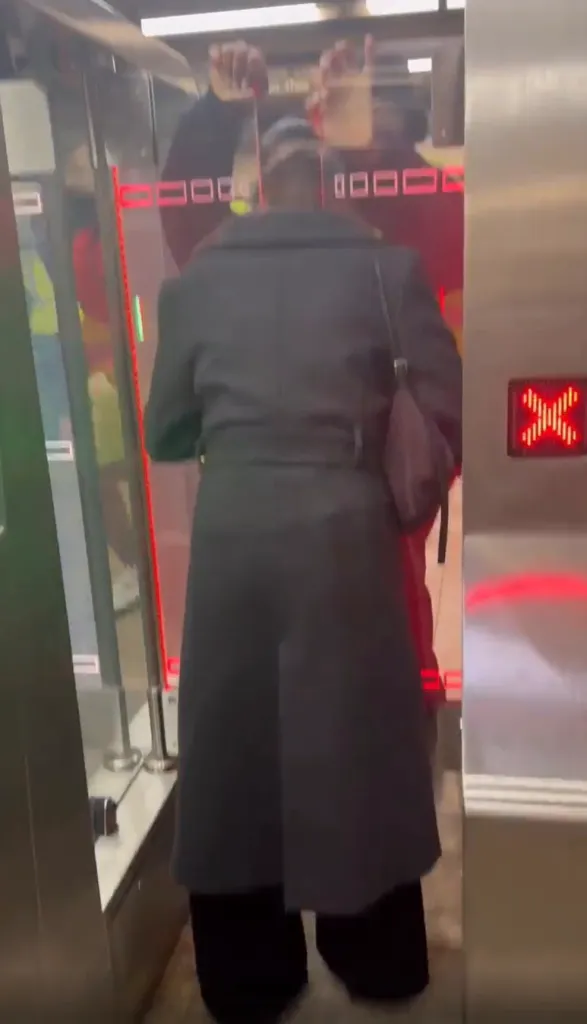 A person in a black coat and pants facing away from the camera, standing in front of elevator doors that are starting to close.