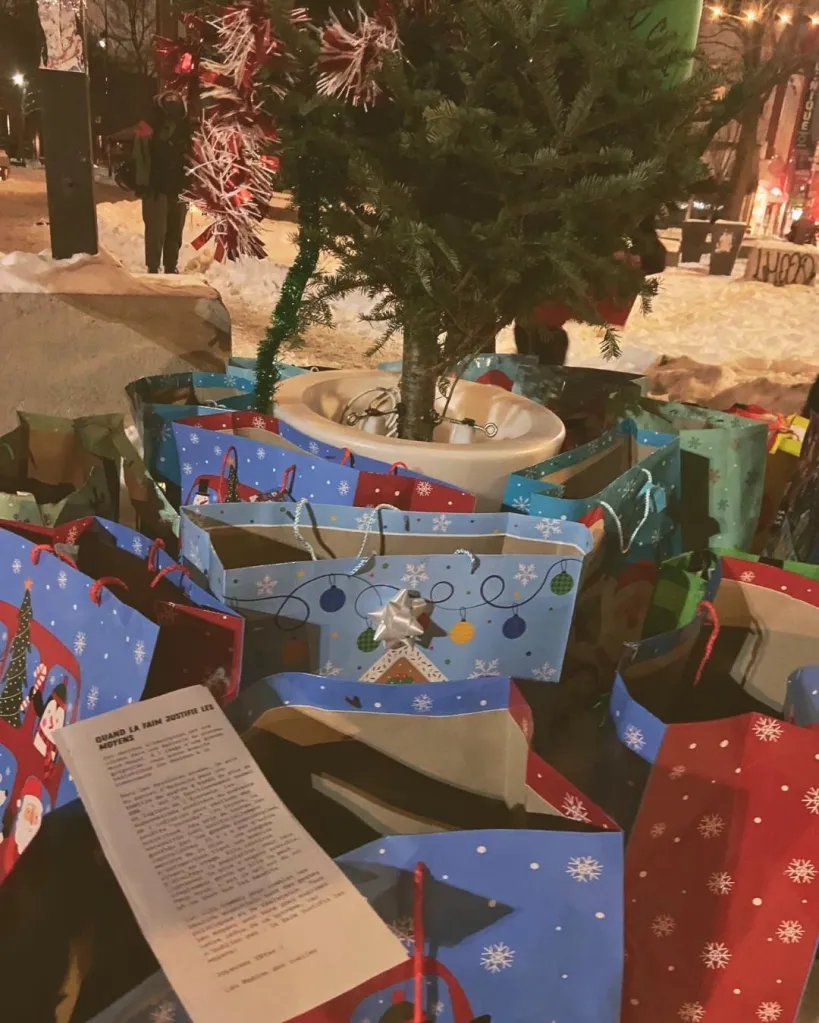 The stolen food, worth roughly $3,000, was redistributed under a Christmas tree in a Montreal neighborhood. 
