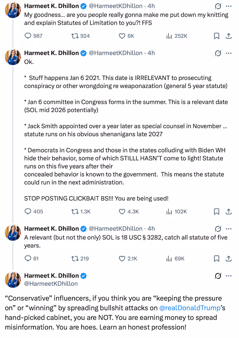 Harmeet Dhillon posts about conservative influencers on her personal X account.