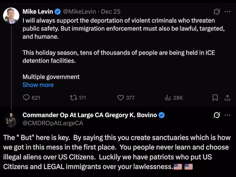 Bovino jumped on a Christmas Day post by Mike Levin about people being held in ICE detention over Christmas.