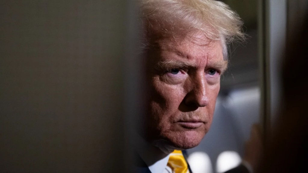U.S. President Donald Trump speaks to members of press aboard Air Force One on November 14, 2025. (Credit: Roberto Schmidt/Getty Images)