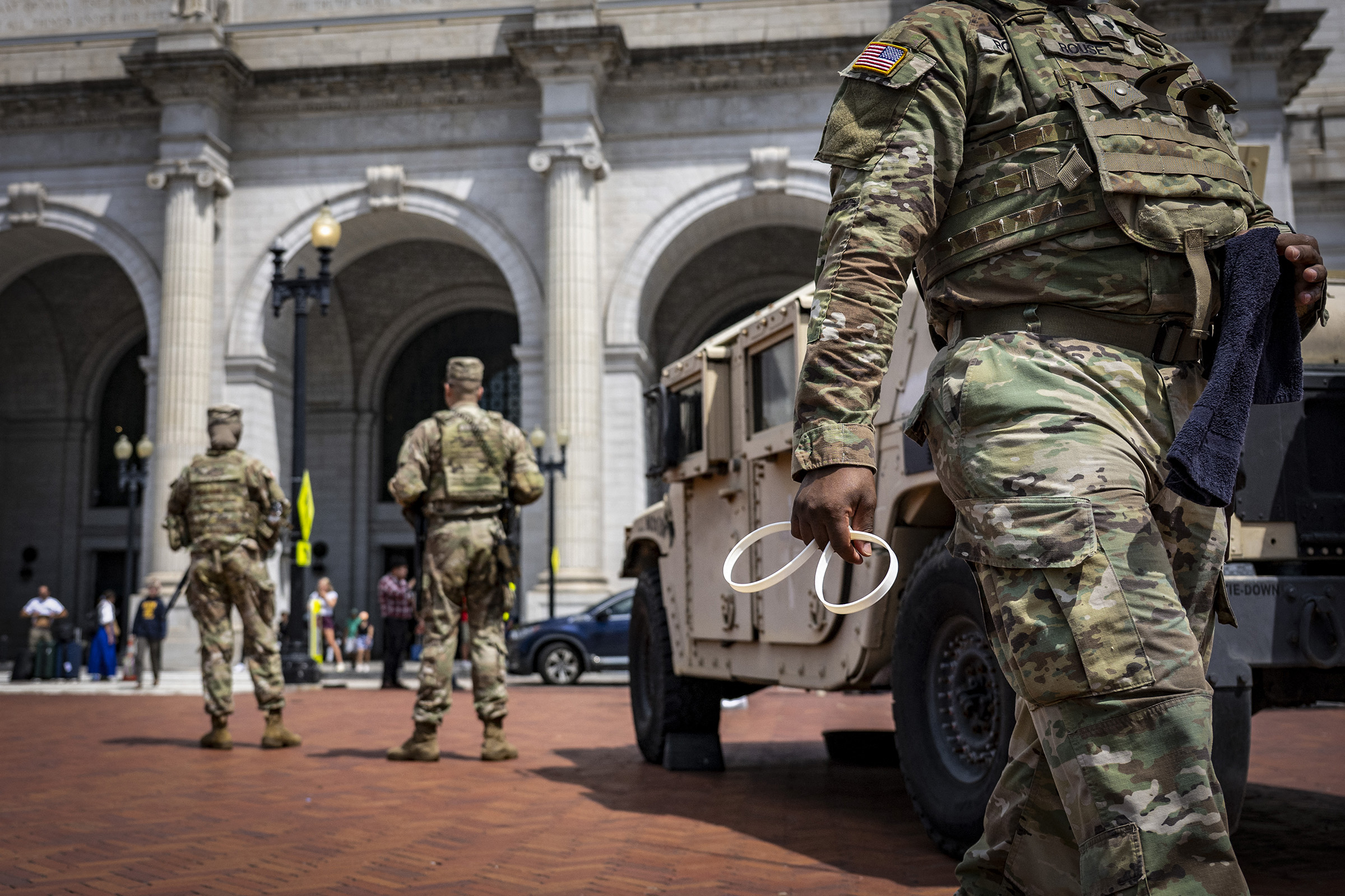 Members of the US National Guard patrol at Union Station in Washington, DC, on August 14, 2025.