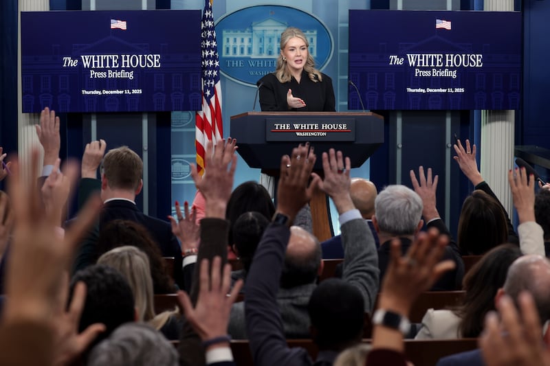 WASHINGTON, DC - DECEMBER 11: White House Press Secretary Karoline Leavitt answers questions during a press briefing at the White House on December 11, 2025 in Washington, DC. Leavitt answered questions about the recent U.S. military action to seize a sanctioned oil tanker off the coast of Venezuela amid a U.S. military buildup in the region. (Photo by Alex Wong/Getty Images)