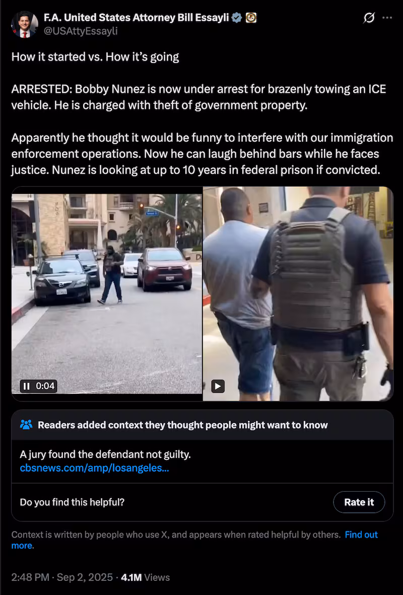 U.S. Attorney Bill Essayli's post about the case, which is now subject to an embarrassing Community Note.