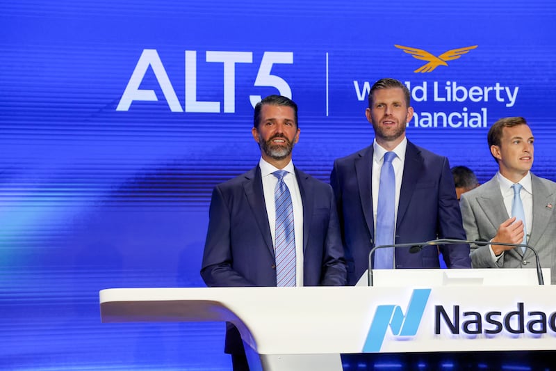 Eric Trump, Donald Trump Jr. (left), and Zach Witkoff, Co-Founder and CEO of World Liberty Financial to mark the $1.5B partnership between World Liberty Financial (WLFI) and ALT5 Sigma with the ringing of the NASDAQ opening bell on August 13, 2025 in New York City. T