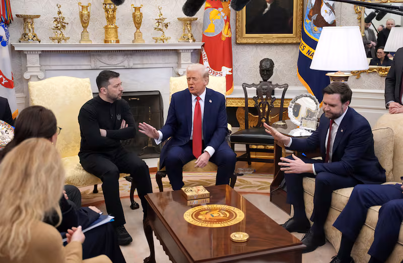 WASHINGTON, DC - FEBRUARY 28: U.S. President Donald Trump (C) and Vice President JD Vance meet with Ukrainian President Volodymyr Zelensky in the Oval Office at the White House on February 28, 2025 in Washington, DC. Trump and Zelensky are meeting today to negotiate a preliminary agreement on sharing Ukraine’s mineral resources that Trump says will allow America to recoup aid provided to Kyiv while supporting Ukraine’s economy. (Photo by Andrew Harnik/Getty Images)