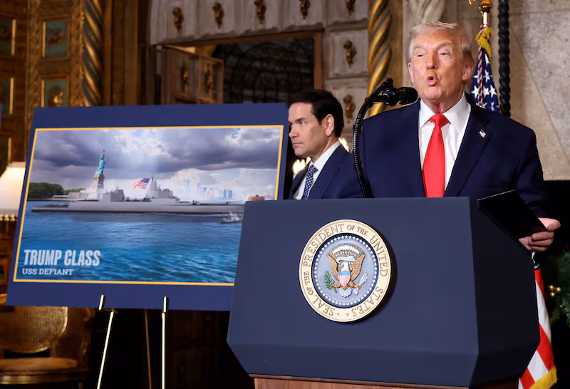 U.S. President Donald Trump, joined by U.S. Secretary of State Marco Rubio, announced the creation of the “Trump-class” battleship.