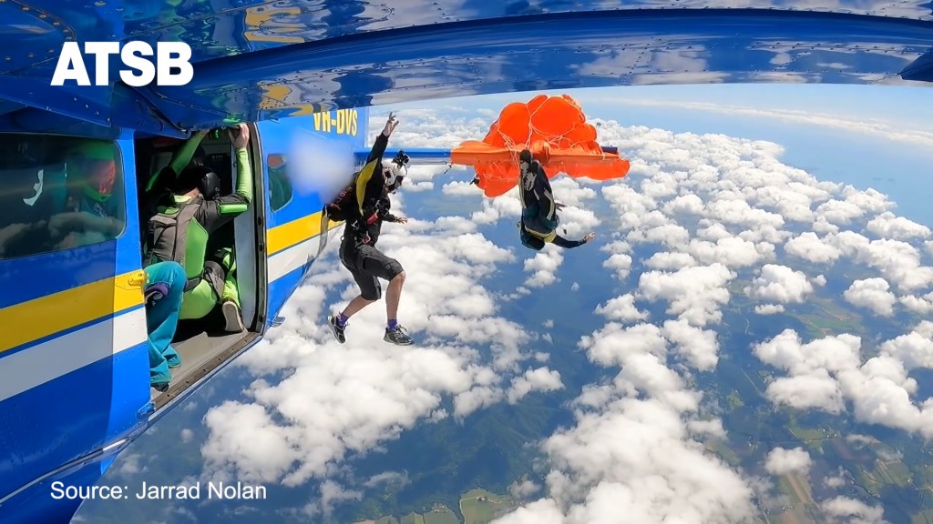 While preparing to jump over North Queensland, the parachuter’s reserve handle snagged on a wing flap and deployed