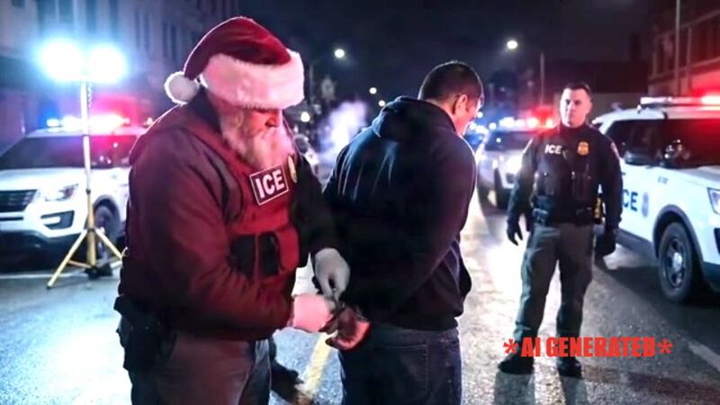 Santa cuffs someone on the streets in the DHS video.