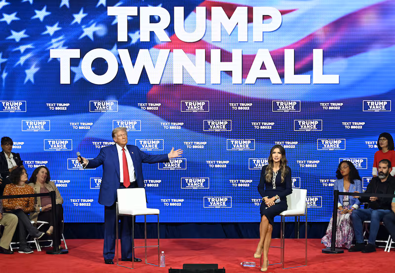 Republican presidential candidate Donald Trump speaks during a town hall, moderated by South Dakota Governor Kristi Noem at the Greater Philadelphia Expo Center and Fairgrounds in Oaks, Pennsylvania, on October 14, 2024.