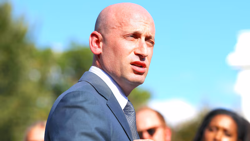 Deputy White House Chief of Staff Stephen Miller speaks to reporters outside of the White House on October 06, 2025 in Washington, DC.