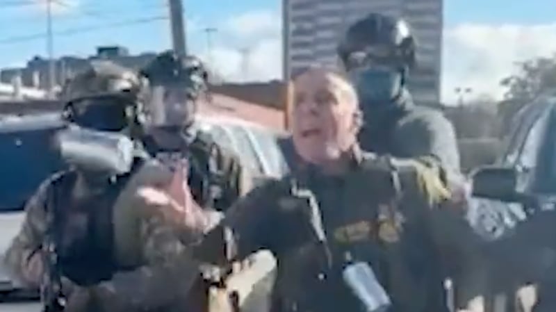 Border Patrol Chief Greg Bovino throws tear gas in Little Village, Chicago, Illinois. Chicago Headline Club lawsuit.