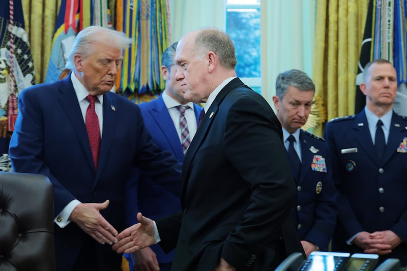 President Donald Trump speaks during a ceremony for the presentation of the Mexican Border Defense Medal in the Oval Office of the White House on December 15, 2025