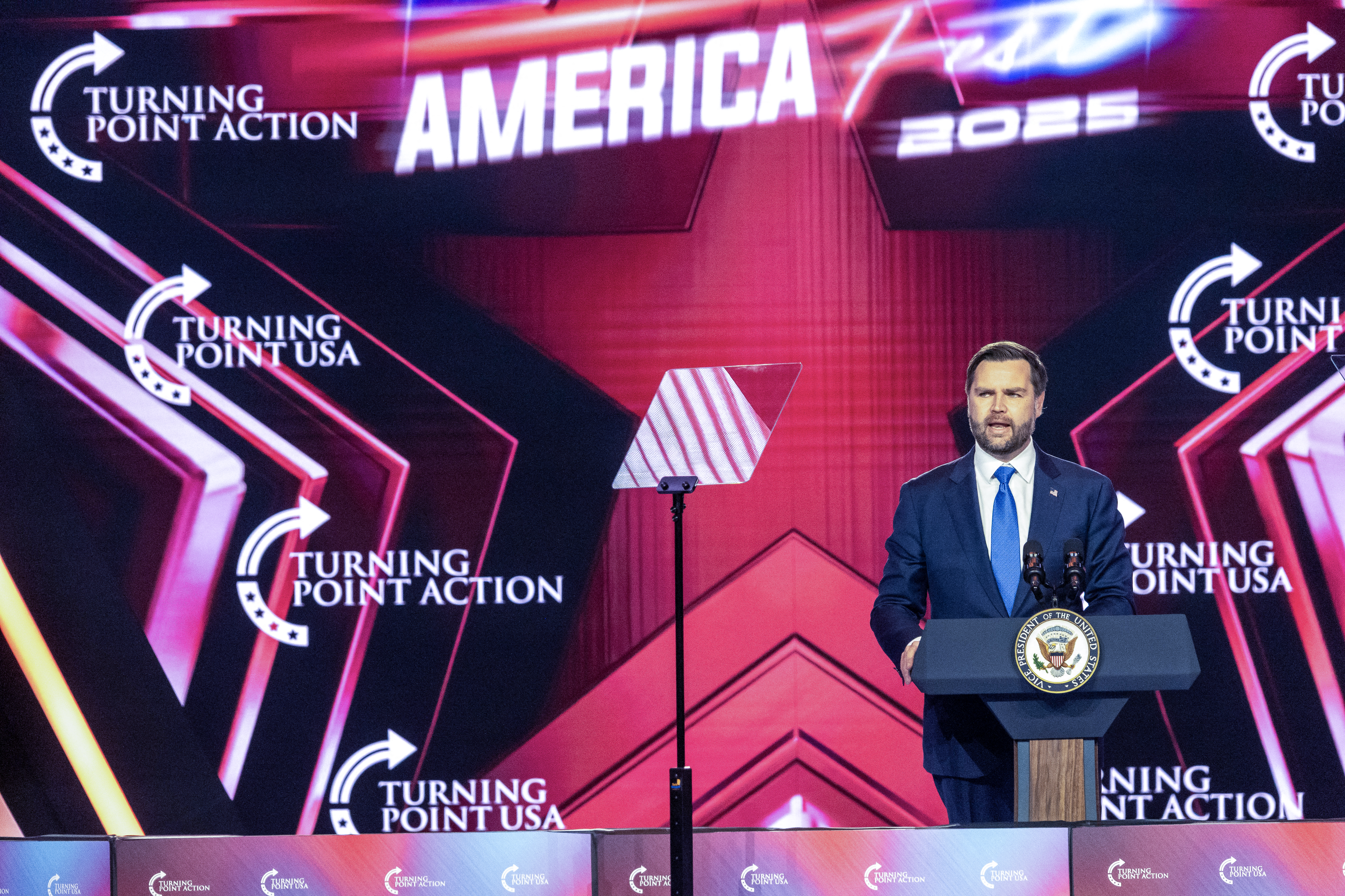 US Vice President JD Vance speaks at the Turning Point's annual AmericaFest conference, in remembrance of late right-wing political activist Charlie Kirk, in Phoenix, Arizona on December 21, 2025. Kirk was shot dead on a Utah college campus in September, sparking a wave of grief among conservatives, and threats of a clampdown on the 