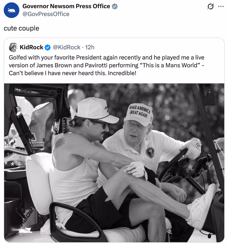 Gavin Newsom mocks Kid Rock and Donald Trump's golfing post.