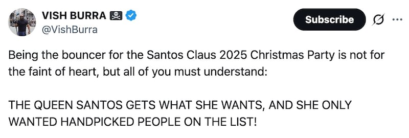 Vish Burra posts about George Santos' Christmas party.