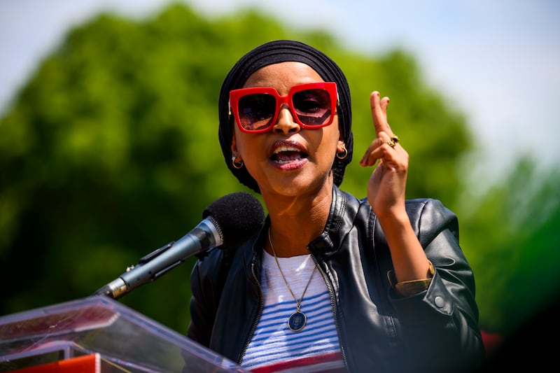 Representative Ilhan Omar gives a speech following a march to Lafayette Square on May 1, 2025 in Washington, DC.