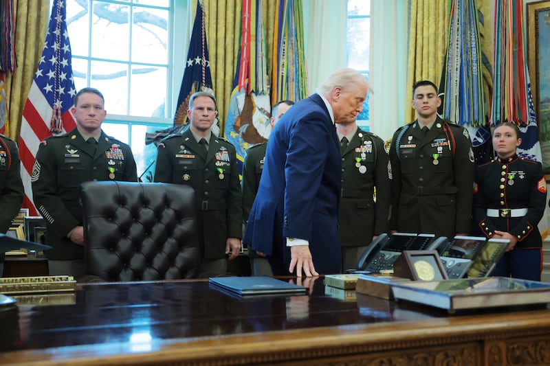 President Donald Trump speaks during a ceremony for the presentation of the Mexican Border Defense Medal in the Oval Office of the White House on December 15, 2025