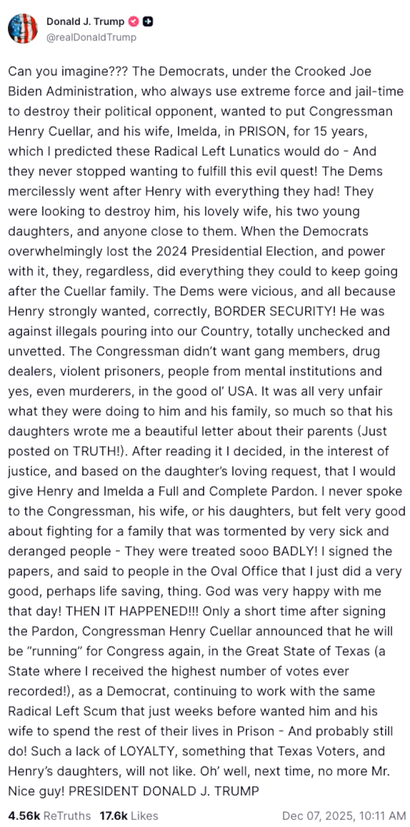 Trump Truth Social Post