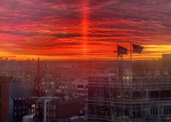 Saturday’s sunset included a pillar of orange fire