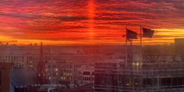 Saturday’s sunset included a pillar of orange fire