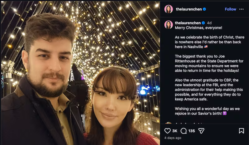 Lauren Chen posted this selfie with her husband, thanking Joe Rittenhouse for helping her get her U.S. work visa back.