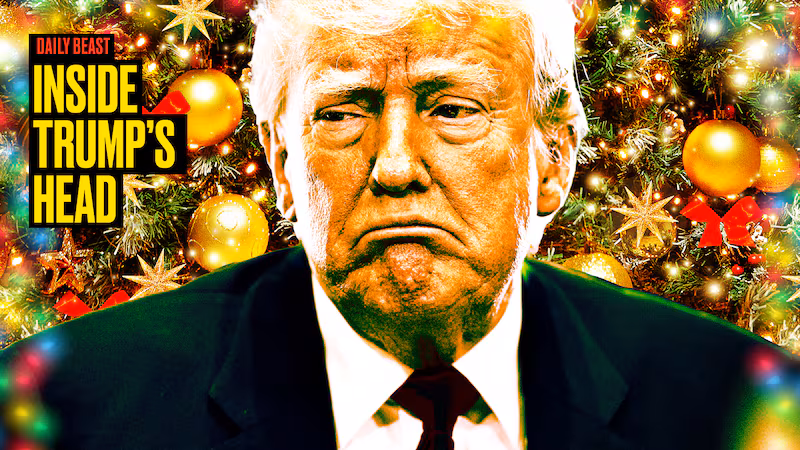 A photo illustration of a sad Donald Trump and Christmas tree background for the Inside Trump's Head podcast.