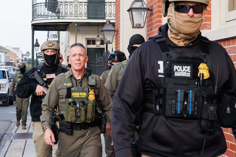 Border Patrol Commander Gregory Bovino and Border Patrol Agents walk through downtown in Jefferson Parish