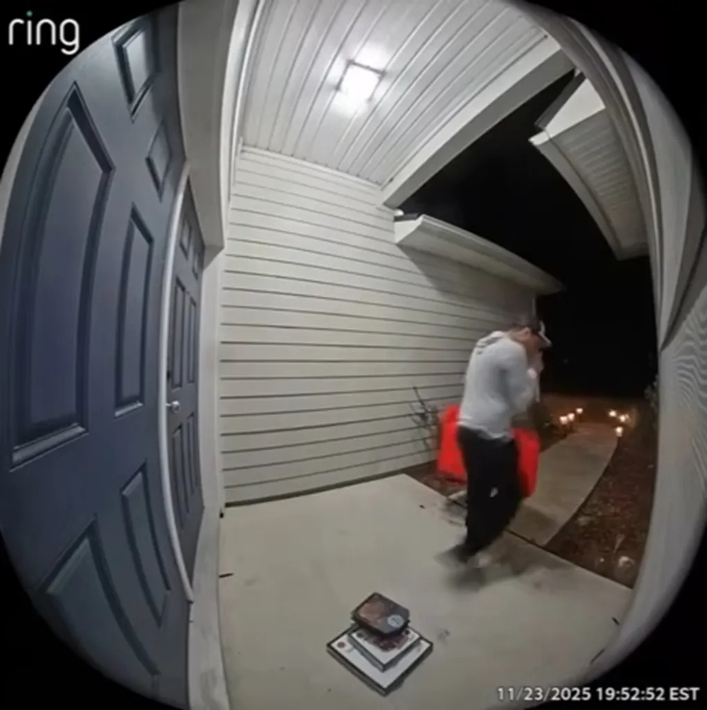 A Ring camera captures a delivery driver dropping an order on a porch.