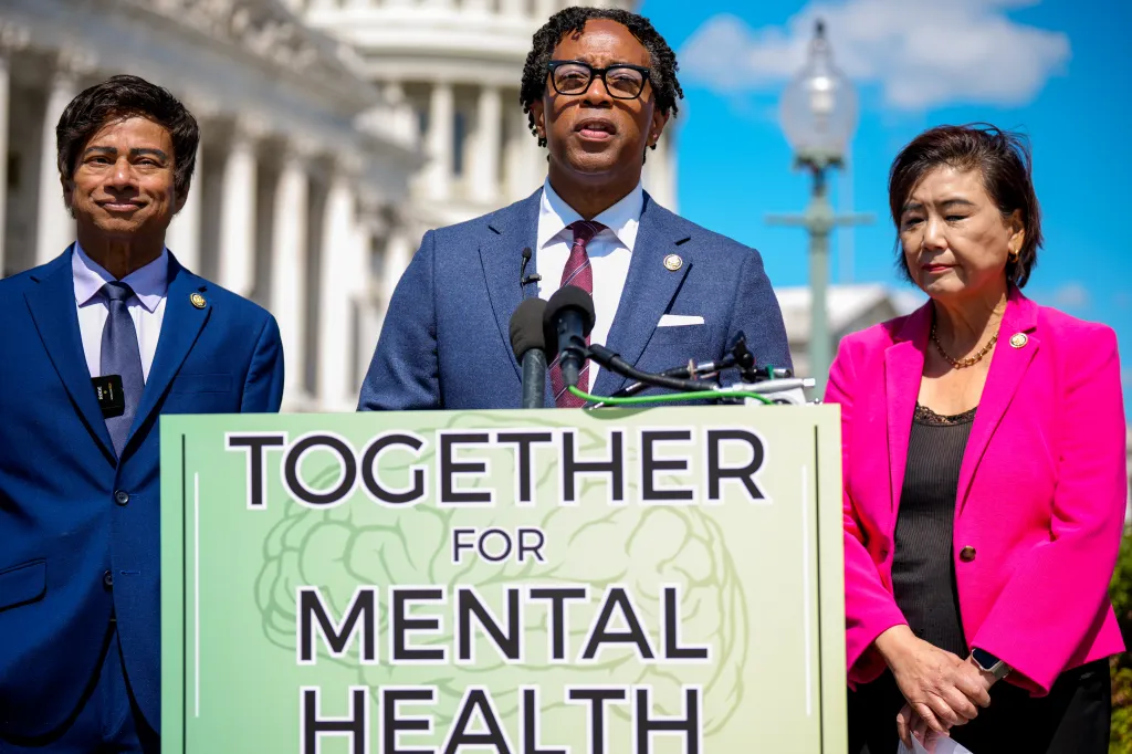 Rep. Wesley Bell speaking at a news conference with Rep. Shri Thanedar and Rep. Judy Chu about the nation's mental health crisis.