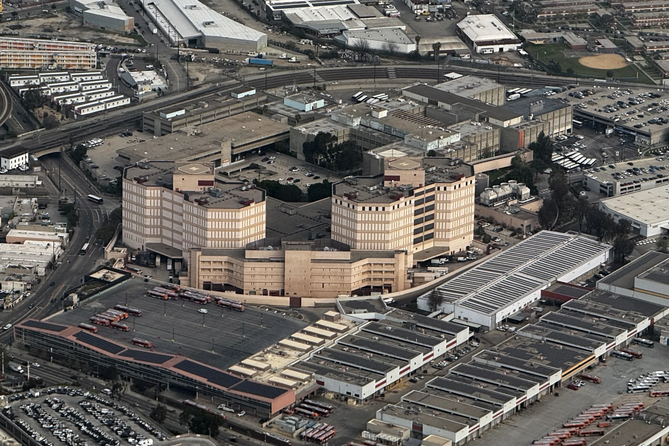 Aerial view of the Los Angeles County Sheriff's Department Twin Towers Correctional Facility and Men's Central Jail.