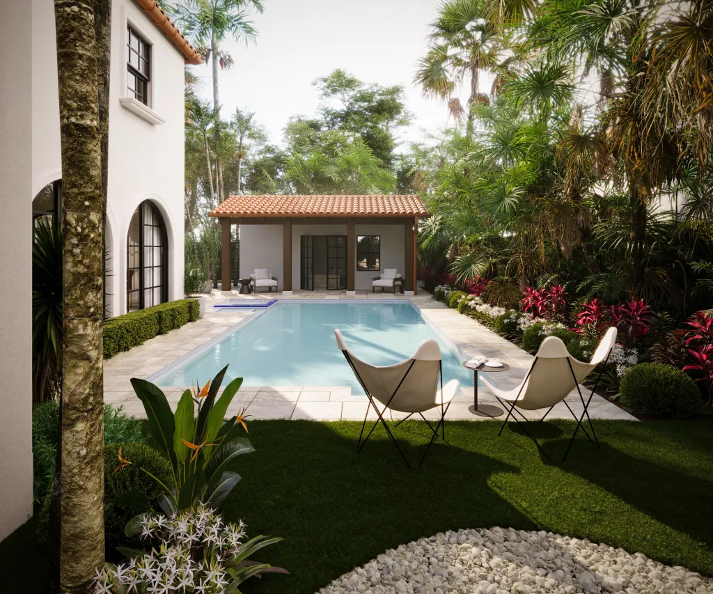 The backyard with pool is charming enough to beckon the neighbors, like David and Victoria Beckham