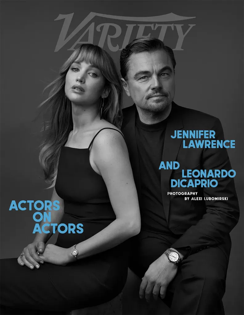 Jennifer Lawrence and Leonardo DiCaprio in a black and white photo for Variety.