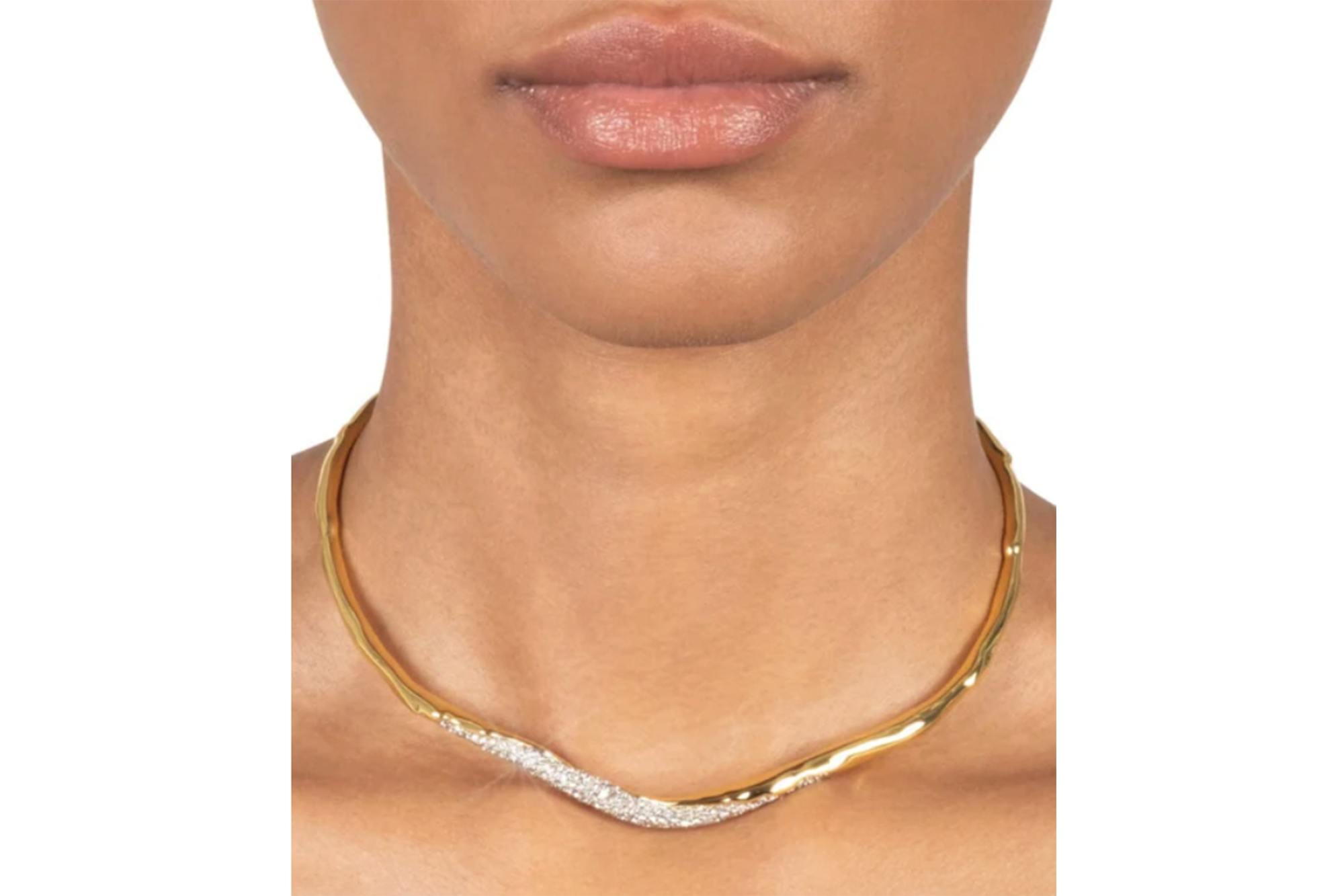 Gold choker necklace with a V-shaped pavé diamond segment.