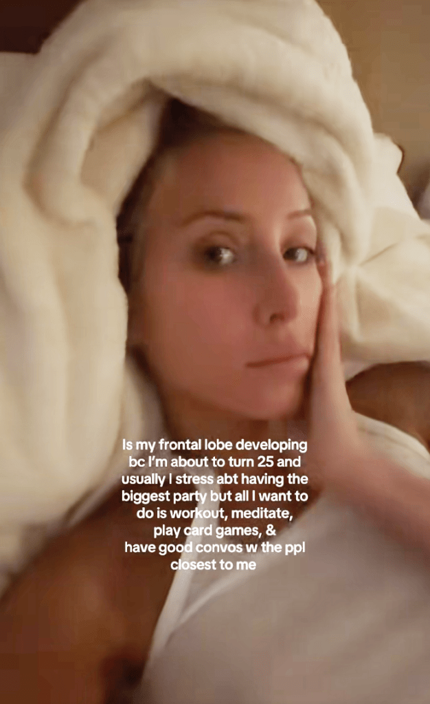 Alix Earle lying in bed with a blanket over her head, one hand on her face, with text overlay.